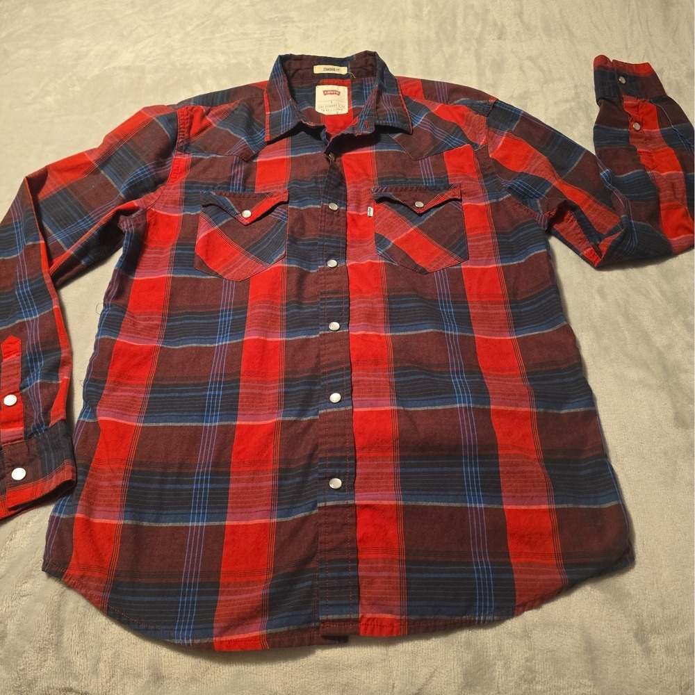 Levi's Shirt Mens Small Red Plaid Long Sleeve Western Pearl Snap ButtonUp Casual